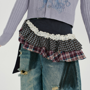 Girlyhalo美式 复古叠穿百搭花边格子拼接屁帘