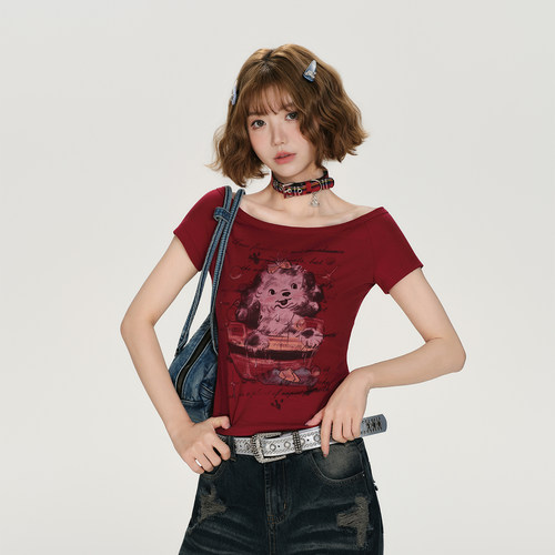 Girlyhalo美式复古辣妹酒红色斜肩短袖t恤女夏季新款修身显瘦上衣