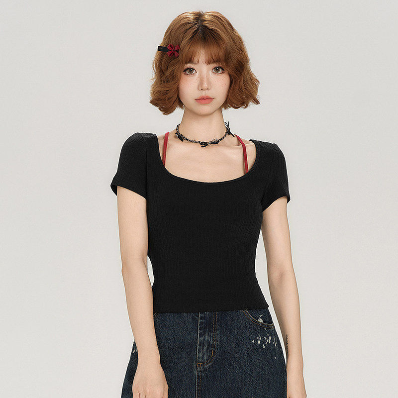 Girlyhalo美式辣妹短袖t恤女夏季露背绑带设计感配吊带两件套上衣