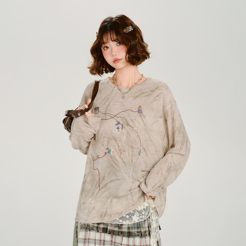 Girlyhalo美式复古晕染刺绣长袖t恤女春季新款趣味宽松休闲上衣