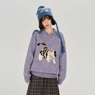 Girlyhalo美式 彩点宽松针织上衣 复古猫咪提花翻领毛衣女秋冬新款