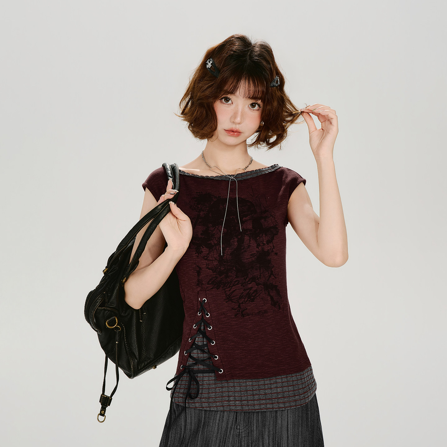 Girlyhalo美式复古辣妹假两件绑带无袖t恤女夏季新款拼接修身上衣