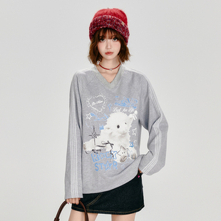 宽松印花休闲百搭打底衫 卫衣女秋冬新款 上衣 V领长袖 Girlyhalo美式