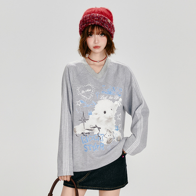 美式复古v领卫衣春秋款