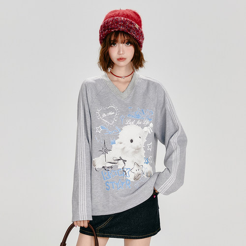 美式复古v领卫衣春秋款