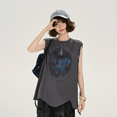 t恤女夏新款 Girlyhalo美式 复古不规则下摆设计感无袖 宽松背心上衣