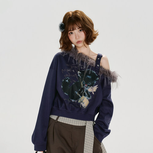 Girlyhalo美式复古毛领印花斜肩长袖卫衣女秋季新款短款宽松上衣