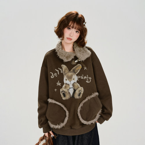 Girlyhalo美式复古口袋设计感印花卫衣女秋冬新款加绒宽松上衣