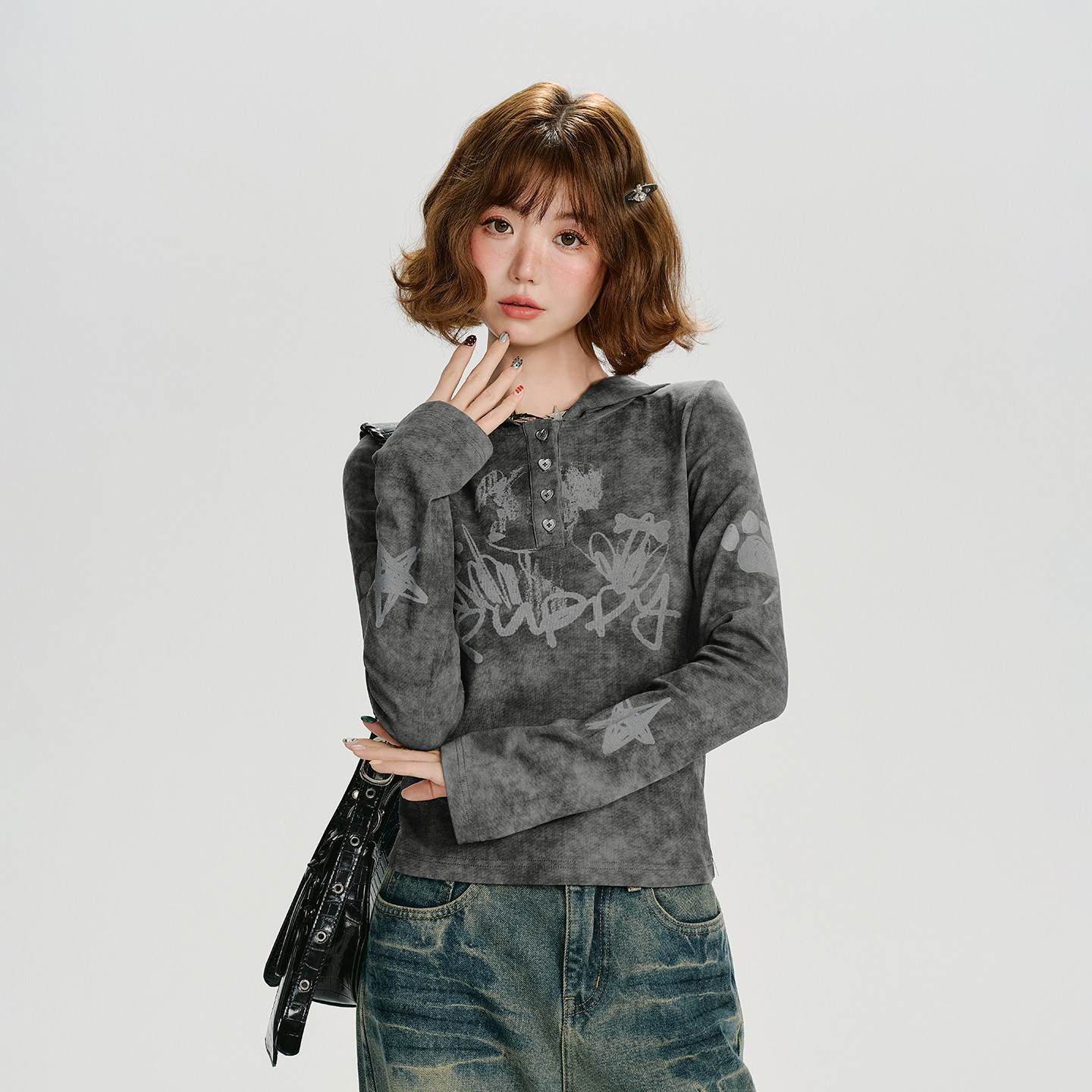 Girlyhalo美式复古晕染印花连帽长袖t恤女秋季新款修身显瘦上衣