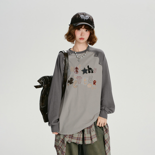 新款 t恤女秋季 宽松上衣 复古刺绣不规则设计感长袖 Girlyhalo美式