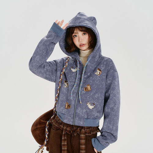 Girlyhalo美式复古扎染刺绣连帽卫衣外套女秋季新款短款宽松上衣