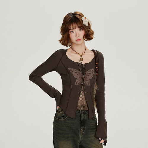 Girlyhalo美式复古辣妹蕾丝拼接印花长袖t恤女秋季新款修身上衣