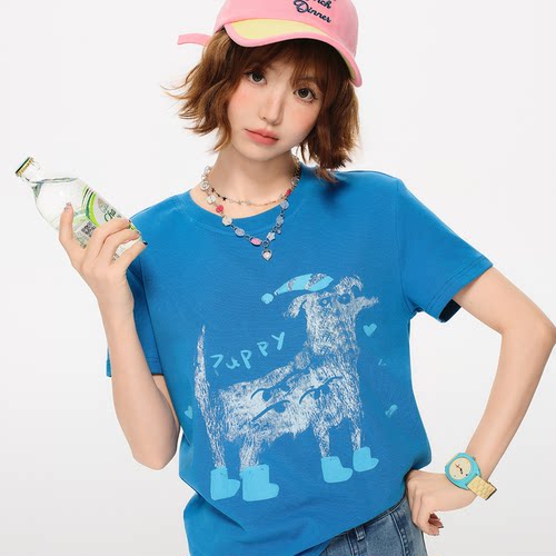 Girlyhalo美式复古正肩短袖t恤女夏季新款卡通印花宽松休闲上衣