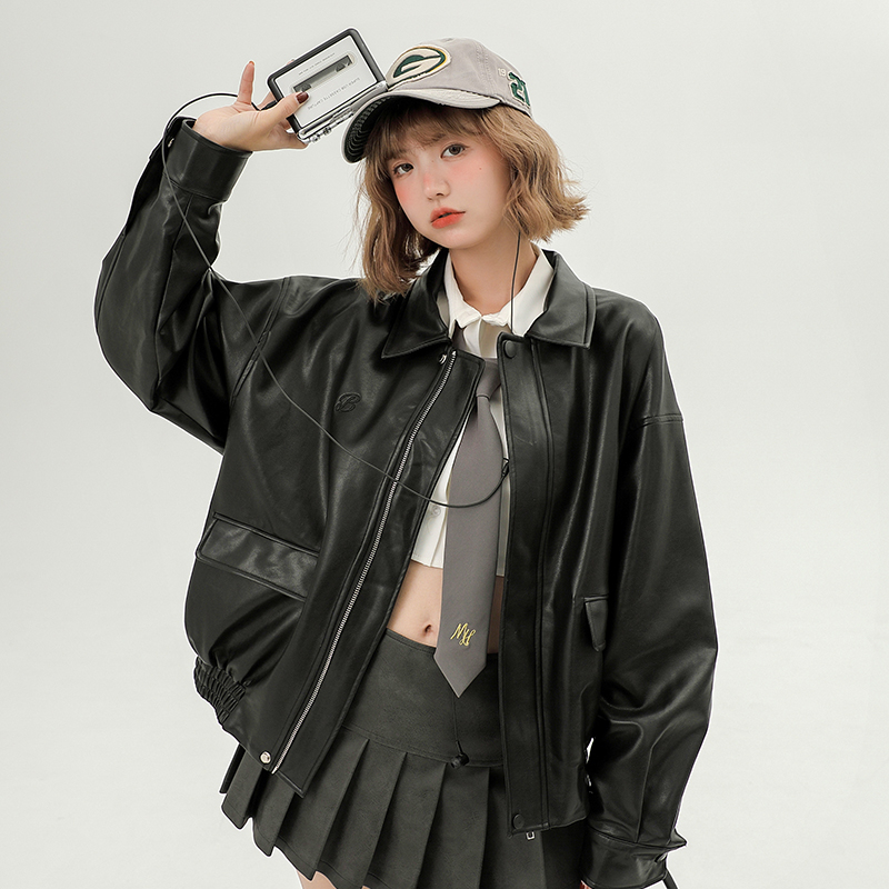 Girlyhalo 皮衣外套女秋冬新款美式复古宽松休闲机车服夹克上衣