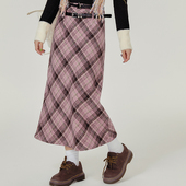 Girlyhalo美式 高腰毛呢A字中长裙 复古粉色格纹半身裙女秋冬新款