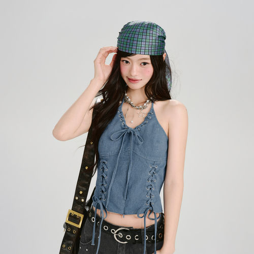 Girlyhalo美式复古牛仔吊带背心女夏新款穿绳设计感短款修身上衣