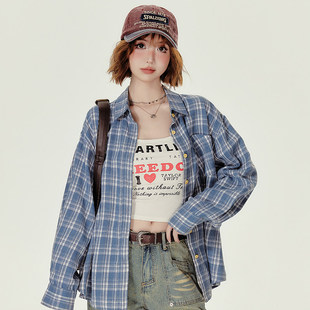 Girlyhalo美式蓝色格子衬衫女秋季新款学院风减龄宽松衬衣外套