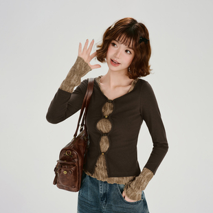 Girlyhalo美式复古拼接撞色假两件长袖t恤女春秋新款辣妹修身上衣