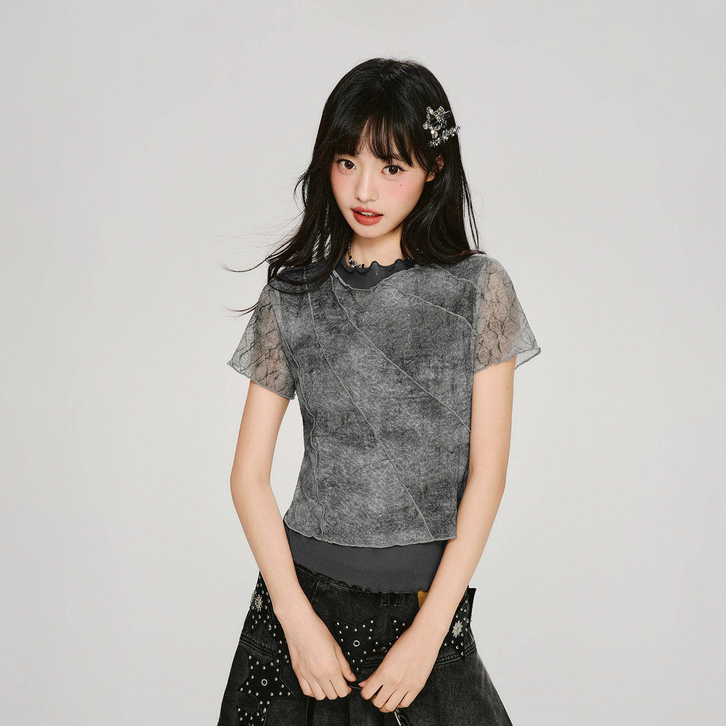 Girlyhalo美式复古假两件晕染花边领短袖t恤女夏新款修身显瘦上衣图片