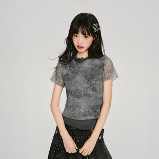 Girlyhalo美式复古假两件晕染花边领短袖t恤女夏新款修身显瘦上衣