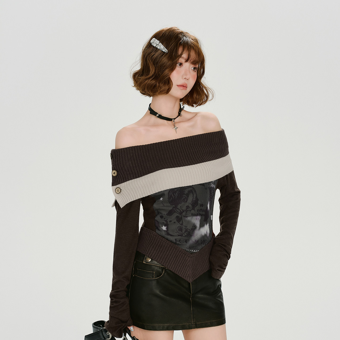 Giryhalo美式复古设计感一字肩长袖针织衫女秋季新款修身显瘦上衣