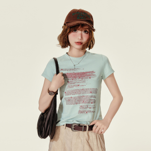 复古正肩短袖 修身 t恤女夏季 字母印花短袖 上衣 新款 Girlyhalo美式