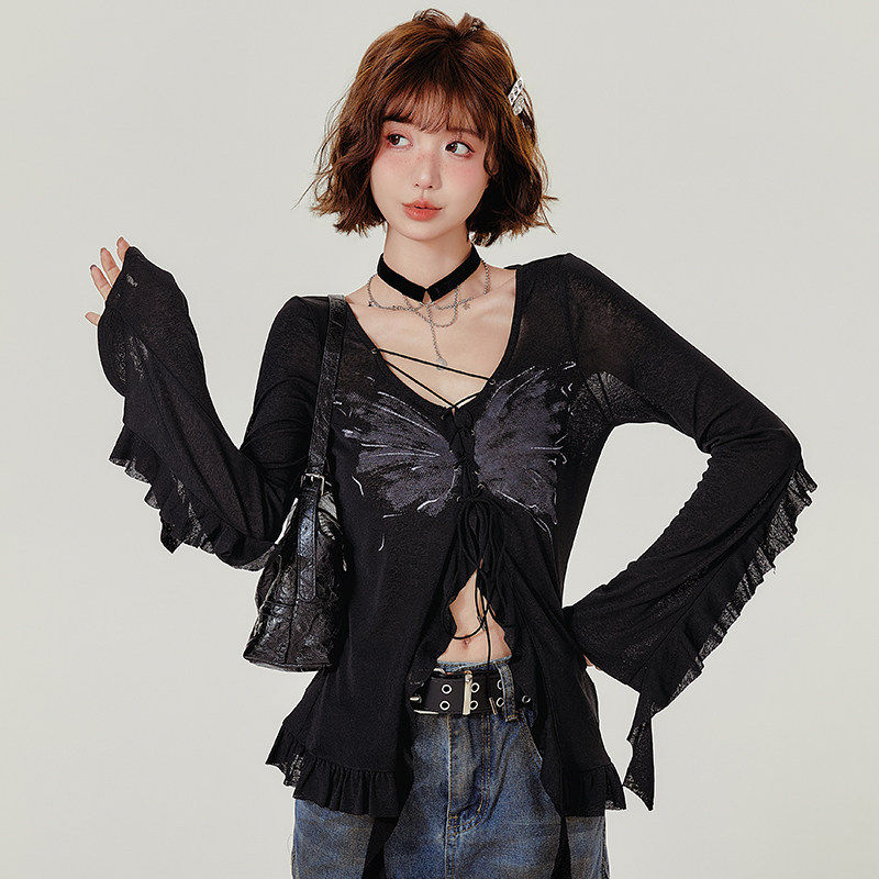 Girlyhalo美式辣妹长袖t恤女秋季新款设计感木耳边针织开衫外套