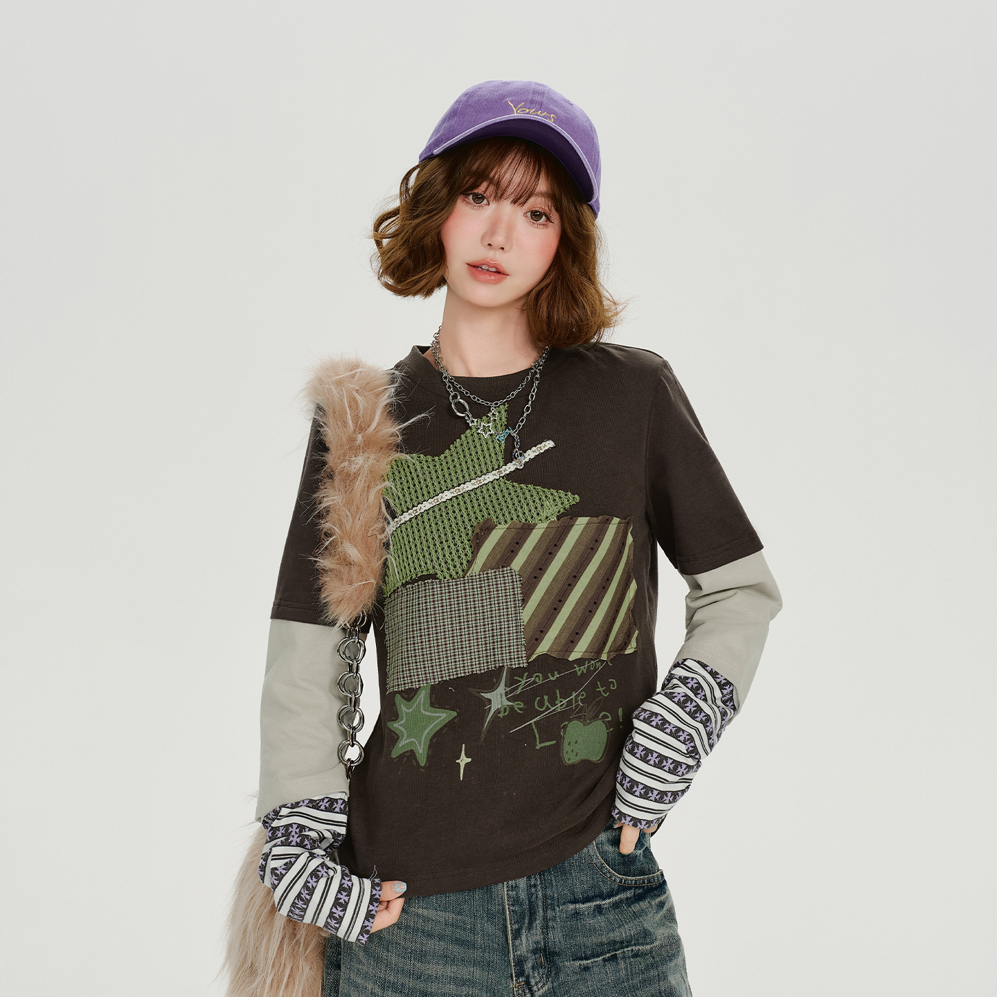 Girlyhalo美式复古拼接贴布绣长袖t恤女秋季新款甜酷辣妹修身上衣