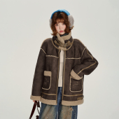 加厚保暖上衣 新款 Girlyhalo美式 复古皮毛一体拼接夹克外套女冬季