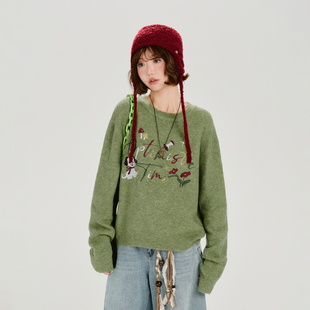 软糯宽松针织上衣 新款 Girlyhalo美式 复古刺绣套头圆领毛衣女秋季
