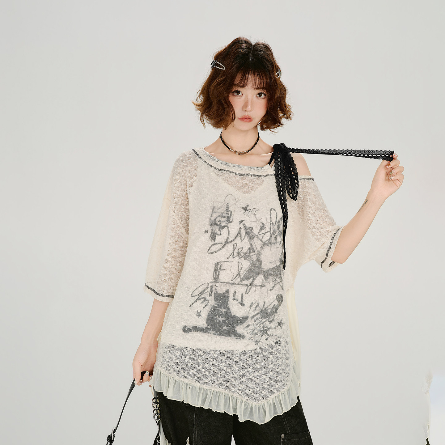 Girlyhalo美式复古斜肩印花蕾丝短袖罩衫女夏季新款抽绳宽松上衣