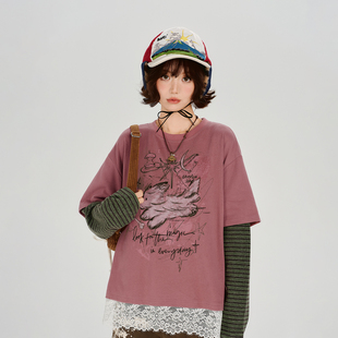 新款 t恤女秋季 宽松休闲上衣 复古印花假两件条纹长袖 Girlyhalo美式