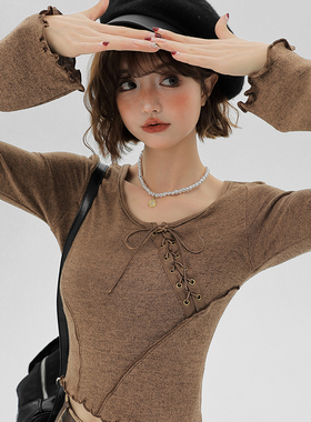 Girlyhalo辣妹长袖t恤女2024春季新款系带设计感修身显瘦打底衫