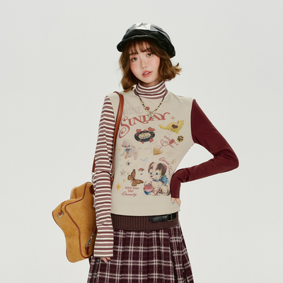 Girlyhalo美式复古辣妹小高领撞色长袖t恤女秋季新款甜酷修身上衣