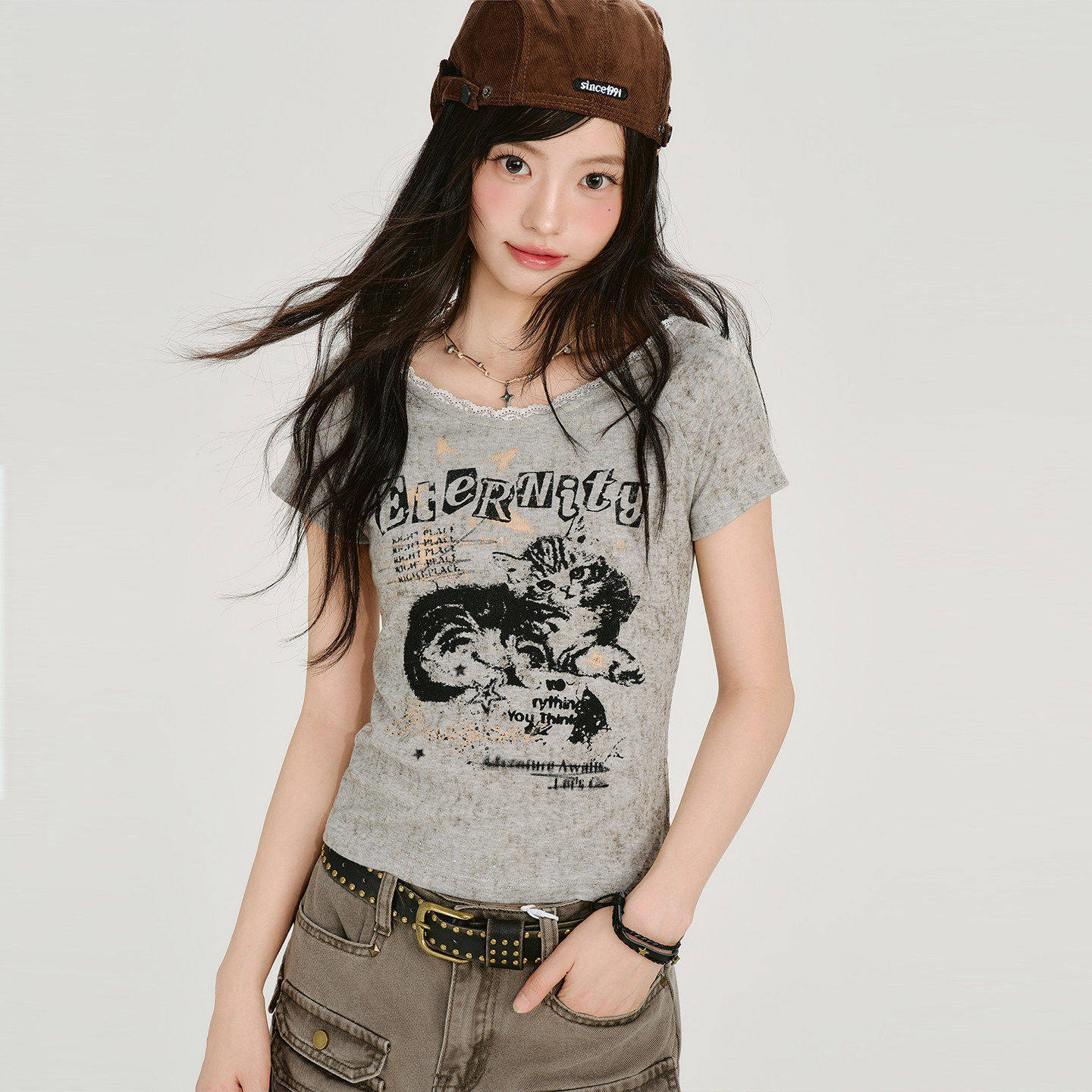 Girlyhalo美式复古晕染印花短袖t恤女夏季新款绑带设计感修身上衣