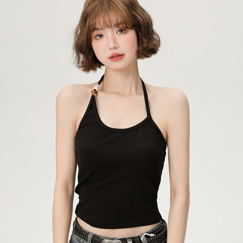 Girlyhalo美式辣妹黑色挂脖吊带背心女夏季新款修身外穿内搭上衣