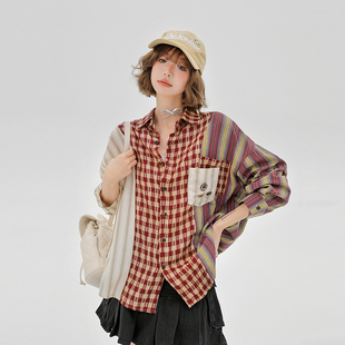 女春秋新款 衬衫 拼接撞色纽扣设计感衬衣 复古长袖 Girlyhalo美式