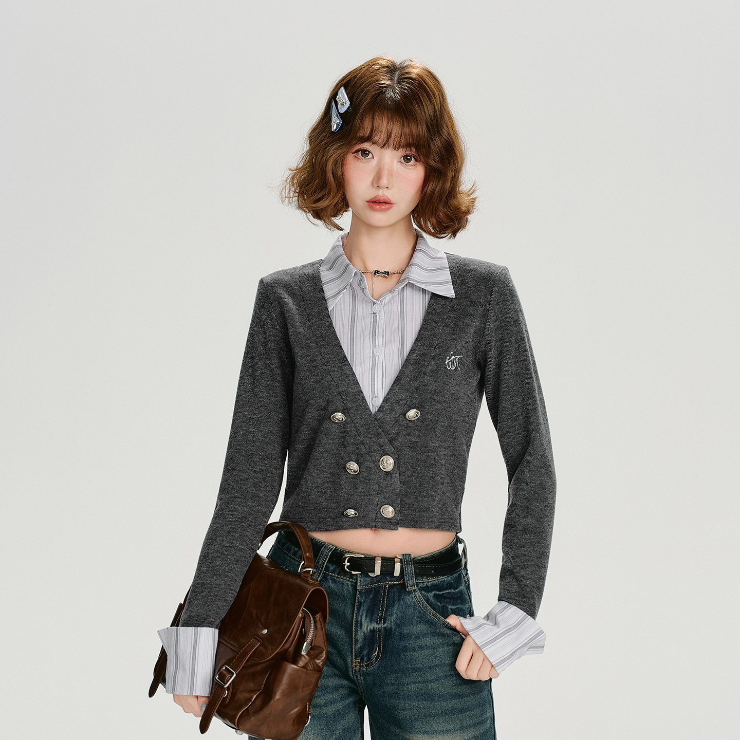 Girlyhalo美式复古条纹假两件长袖t恤女秋季新款短款收腰显瘦上衣