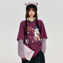 Girlyhalo美式复古假两件长袖T恤女秋季新款宽松印花条纹撞色上衣