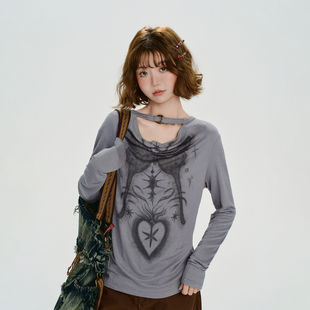 新款 t恤女秋季 设计感宽松上衣 复古辣妹印花荡领长袖 Girlyhalo美式