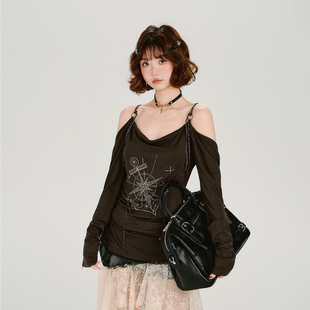 新款 t恤女春季 设计感宽松上衣 复古辣妹烫钻吊带长袖 Girlyhalo美式