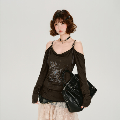 Girlyhalo美式复古辣妹烫钻吊带长袖t恤女春季新款设计感宽松上衣