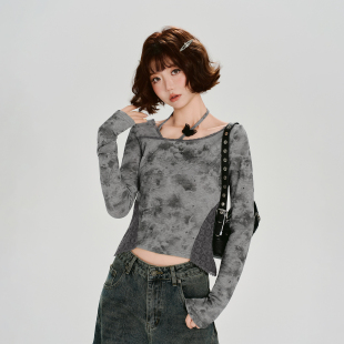 辣妹修身 Girlyhalo美式 新款 t恤女秋季 上衣 复古晕染拼接设计感长袖