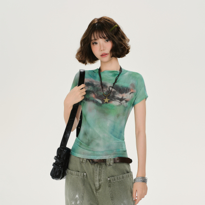 Girlyhalo美式复古辣妹水墨印花短袖t恤女夏季新款设计感修身上衣