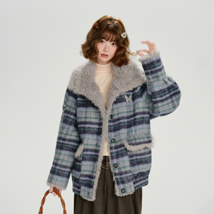 Girlyhalo美式复古格子毛呢外套女秋冬新款保暖加厚夹棉毛领棉服
