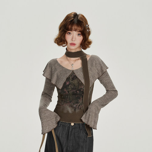 Girlyhalo美式复古印花大翻领长袖t恤女秋新款辣妹设计感修身上衣