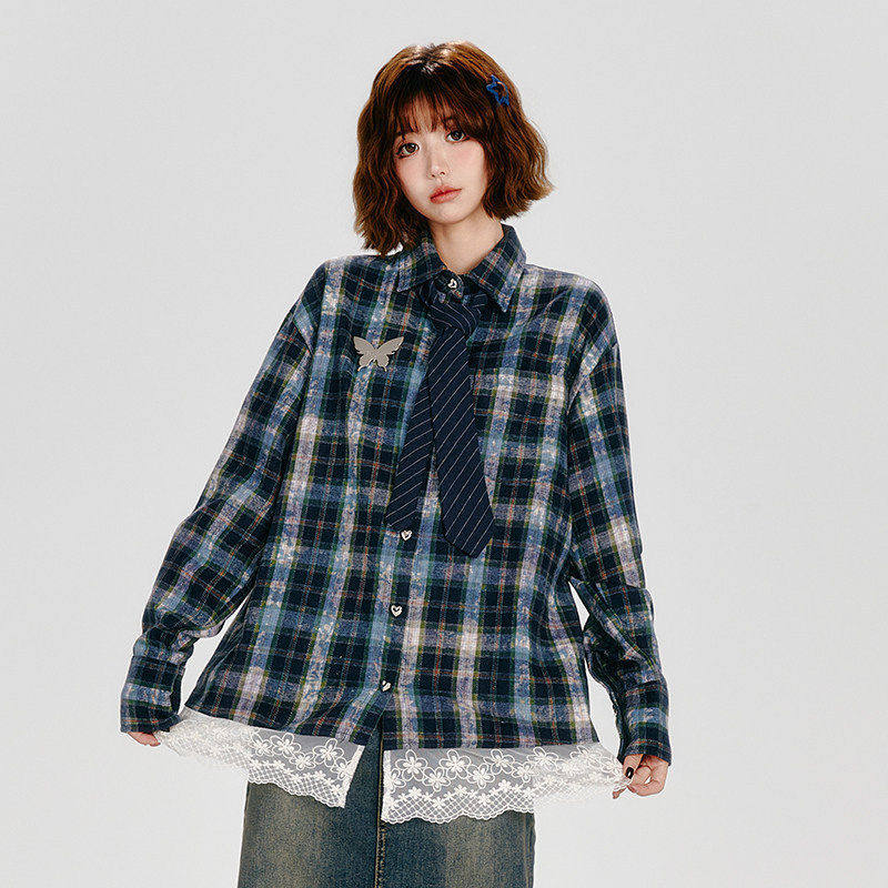 Girlyhalo美式复古格子长袖衬衫女秋季新款宽松拼接蕾丝花边衬衣