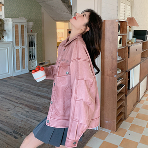 美式高级感粉色短款皮衣外套女春秋2025独特超火好看酷飒机车夹克图片