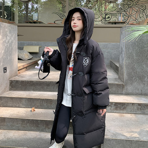 高级感黑色牛角扣羽绒服女冬2024新款学院风中长款90白鸭绒厚外套图片
