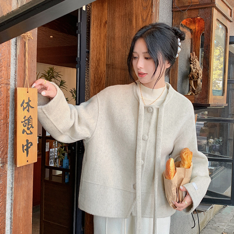 新款现货！秋冬新款绑带短款羊绒外套　123A-9057-P265-K398,女装毛呢外套,浙宝123A